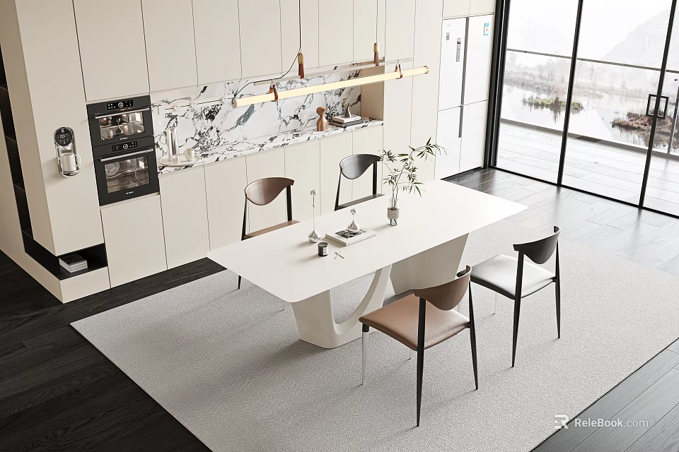 Modern White Dining Table And Chairs Set In Kitchen With Marble Pendant Lights Large Windows 3d model 