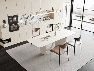 Modern White Dining Table And Chairs Set In Kitchen With Marble Pendant Lights Large Windows 3d model