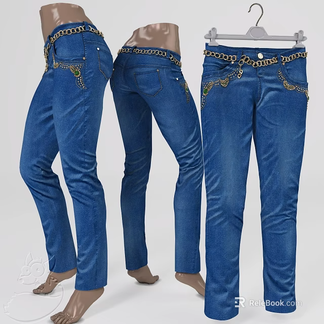 Stylish Blue Denim Jeans With Embroidered Patterns And Chain Waist Detail 3d model 