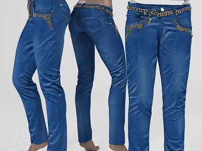 Stylish Blue Denim Jeans With Embroidered Patterns And Chain Waist Detail 3d model