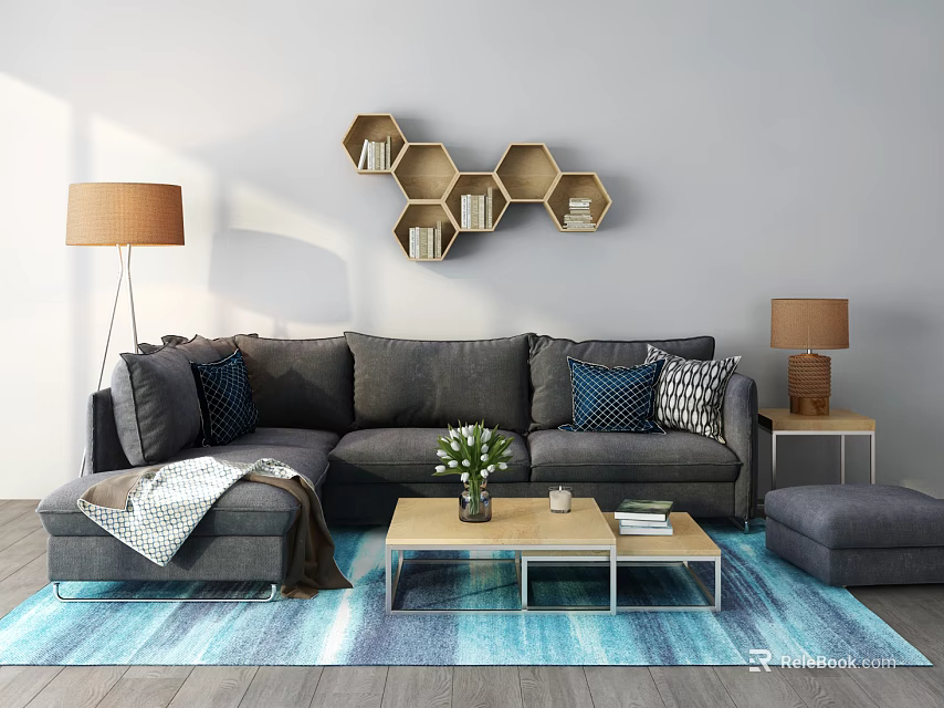 Gray Sofa Coffee Table Combination With Throw Pillows Floor Lamp Side Table And Hexagonal Shelves 3d model