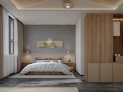 Hotel Guest Room Interior With Wooden Ceiling Rattan Wardrobe And Landscape Painting 3d model