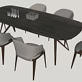 Modern Black Rectangular Dining Table Set With Light Gray Chairs Wooden Legs And Glassware 3d model