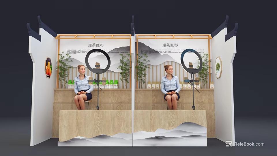 Elegant Modern Public Office Space With Live Streaming Counter Green Plants And Wooden Design 3d model 