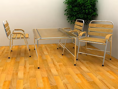 Glass Top Tea Table and Wooden Metal Frame Chairs with Green Plant on Wooden Floor 3d model
