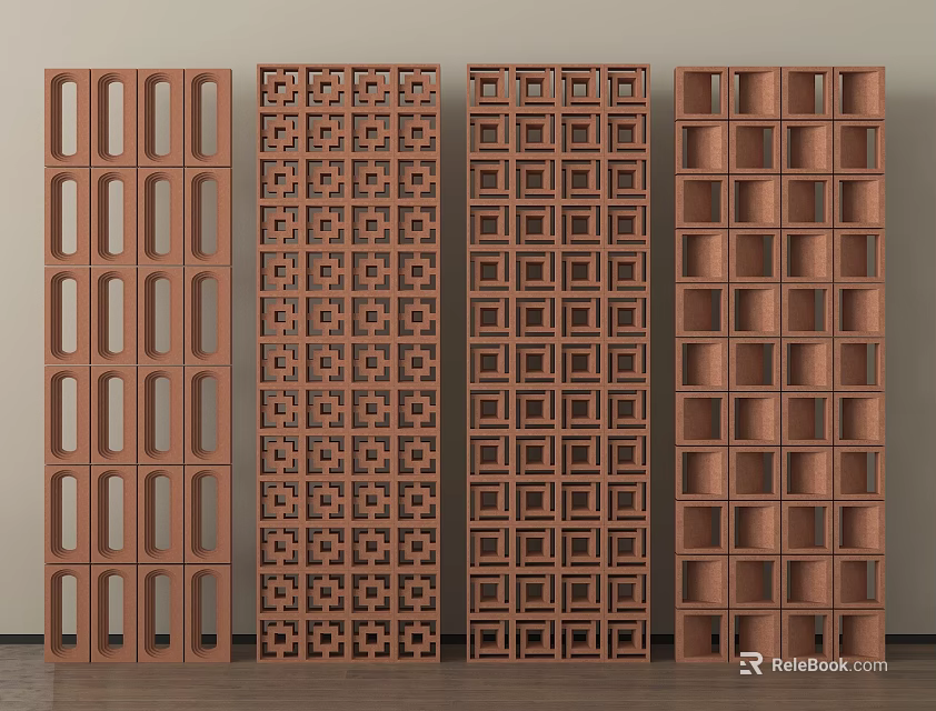 Brown Decorative Screens With Four Different Hollow Patterns For Interior Decor Arranged In Row 3d model