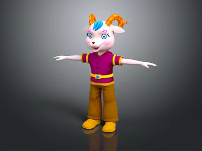 Cartoon Sheep Character With Purple Shirt Yellow Pants Orange Horns And Open Arms Pose 3d model