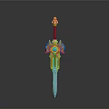 Golden Ornate Sword Featuring Red Hilt Blue Gemstone Shiny Blade And Decorative Design