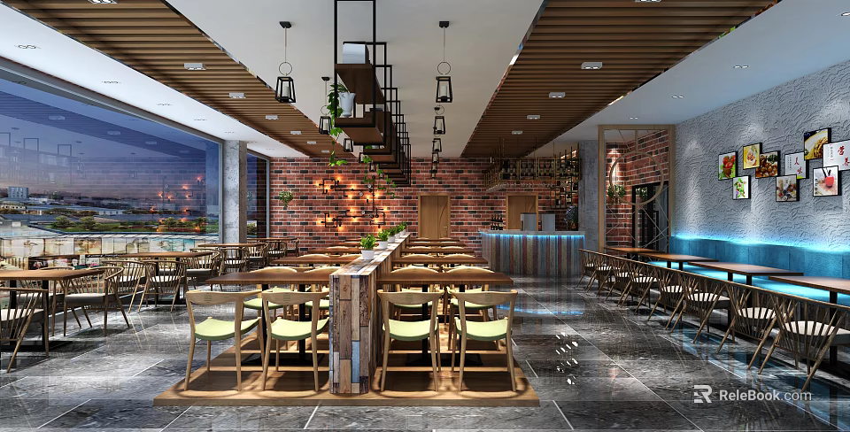 Modern Restaurant Interior Featuring Brick Wall Wooden Ceiling And Pendant Lights 3d model 
