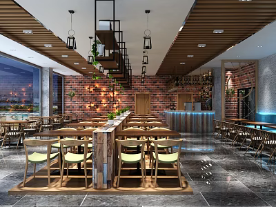Modern Restaurant Interior Featuring Brick Wall Wooden Ceiling And Pendant Lights 3d model