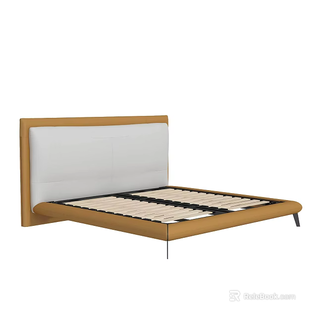 Modern Double Bed With Wooden Frame And Upholstered White Headboard Slatted Base 3d model 
