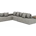 Gray Sectional Sofa Featuring Plush Cushions and Wooden Top Side Table 3d model
