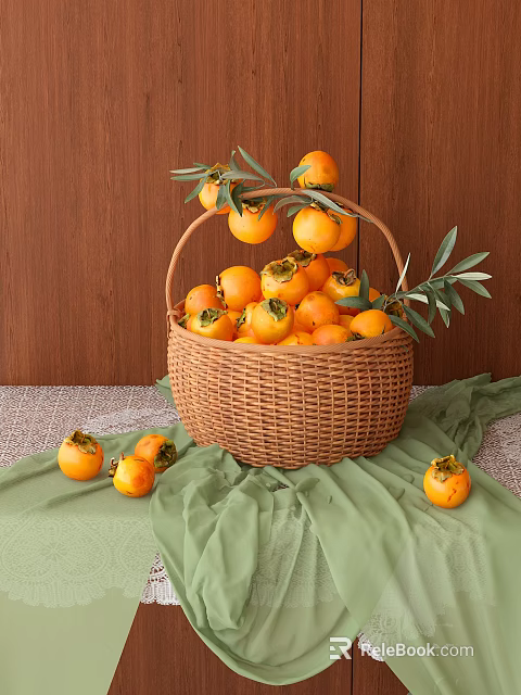 Fresh Ripe Persimmons in Wicker Basket with Green Leaves on Wooden Background and Green Cloth 3d model 