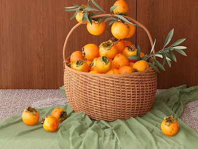 Fresh Ripe Persimmons in Wicker Basket with Green Leaves on Wooden Background and Green Cloth 3d model