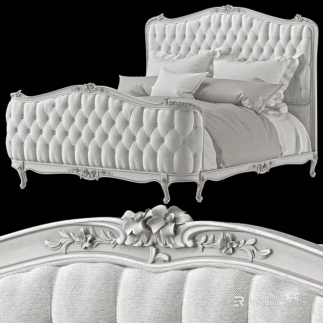 Elegant Luxury Double Bed With Tufted Headboard Carved Frame Details And Decorative Pillows 3d model 