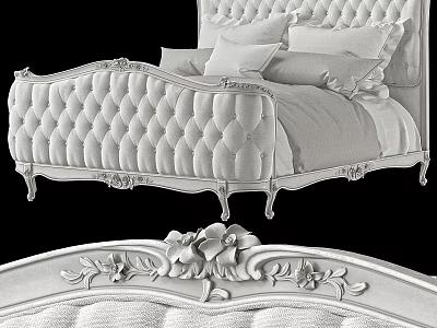 Elegant Luxury Double Bed With Tufted Headboard Carved Frame Details And Decorative Pillows 3d model