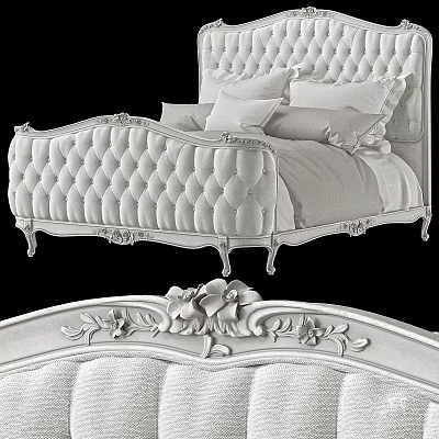 Elegant Luxury Double Bed With Tufted Headboard Carved Frame Details And Decorative Pillows 3d model