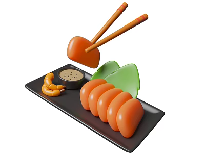 Appetizing Orange Sliced Food on Black Tray with Green Leaves Sauce and Chopsticks 3d model
