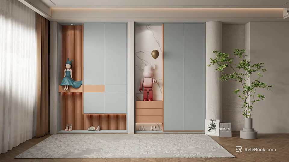 Modern Shoe Cabinet With Light Gray Wooden Design Storage Shelves Decorated Doll Balloon And Shoes 3d model 