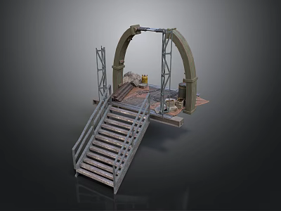 Scenic Construction Component Featuring Arch Staircase Support Platform And Metal Railings 3d model