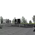 Modern Park Landscape Featuring Wooden Structure Grassland Trees And Deck Stairs Railing