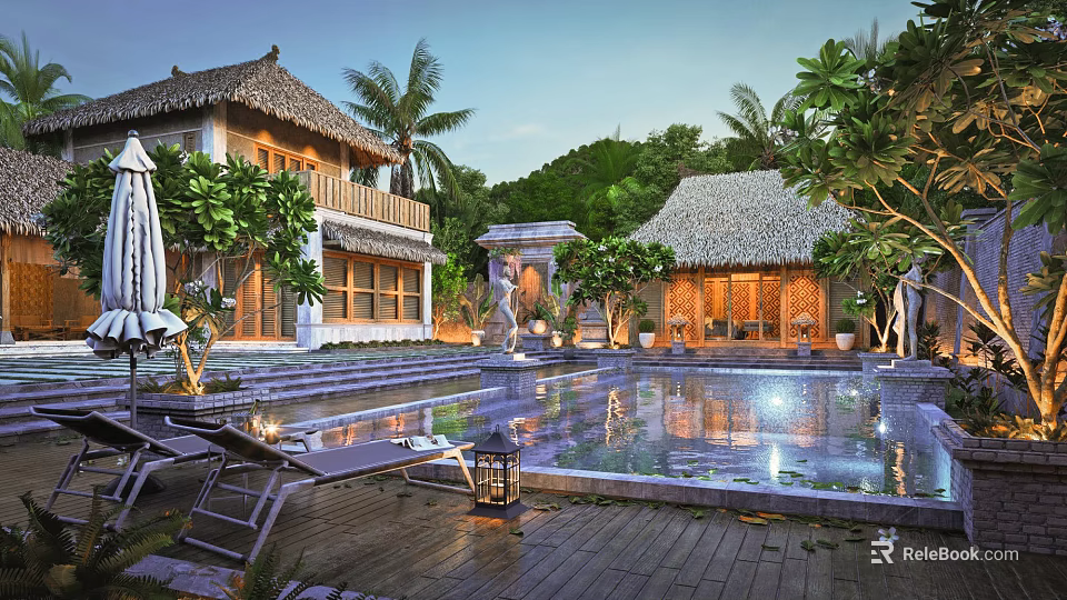 Luxury Boutique Villa Featuring Thatched Roof Swimming Pool And Tropical Garden View 3d model 