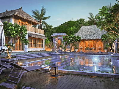 Luxury Boutique Villa Featuring Thatched Roof Swimming Pool And Tropical Garden View 3d model