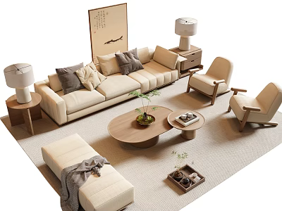 Modern Sofa Coffee Table Set With Beige Upholstered Sofa Wooden Table Armchairs And Green Plant 3d model