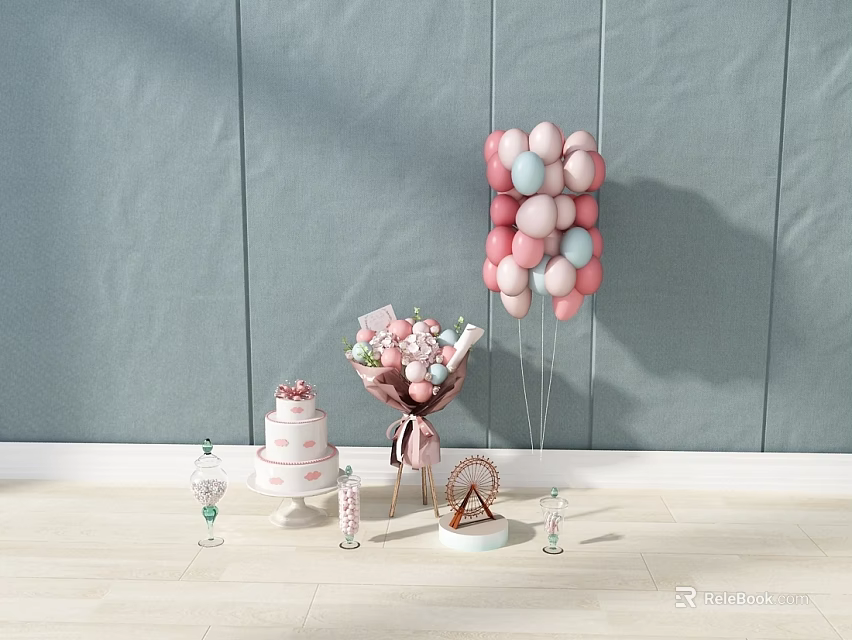 Vase with Pink Flowers and White Balloons Near Cake Goblet and Candle 3d model 