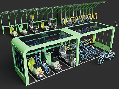 Green Canopy Structure For Electric Scooters And Bicycles Parking With Yellow Letters Nomencion On Top 3d model