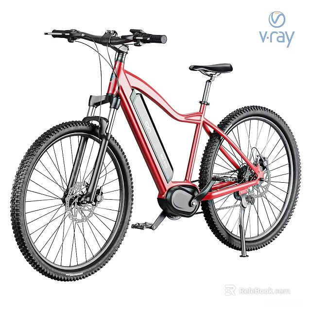 Red Electric Mountain Bicycle With Black Frame Battery And Thick Tires 3d model 