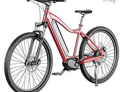 Red Electric Mountain Bicycle With Black Frame Battery And Thick Tires 3d model