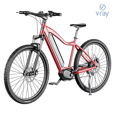 Red Electric Mountain Bicycle With Black Frame Battery And Thick Tires 3d model