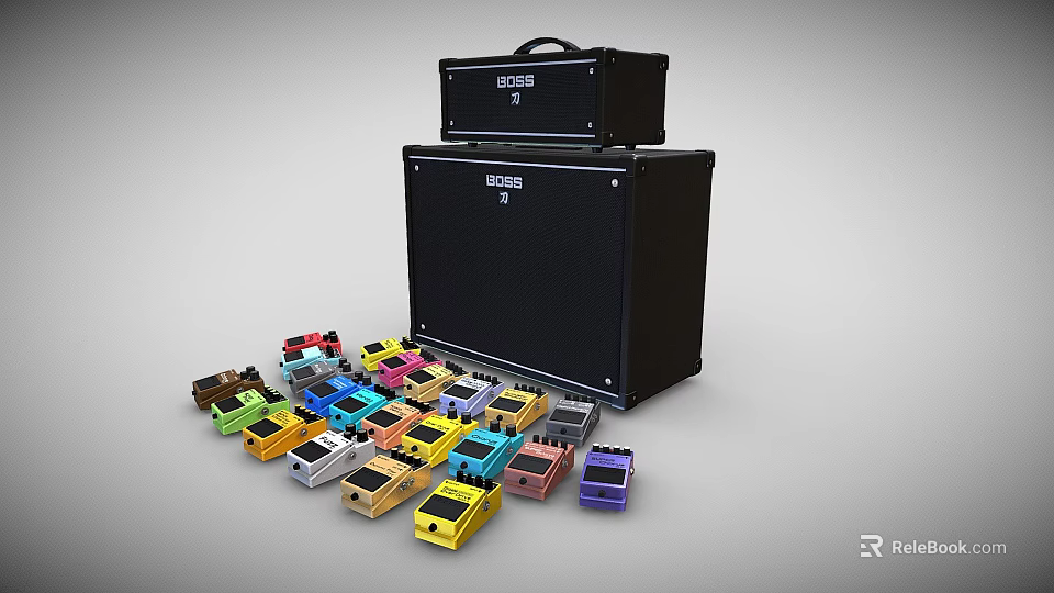 Black Amp Head And Speaker Cabinet Stack With Colorful Guitar Effect Pedals Scattered Around 3d model 