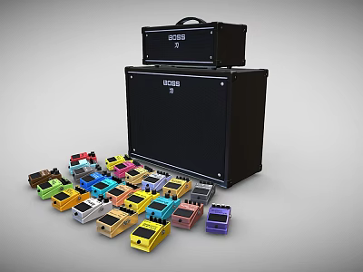 Black Amp Head And Speaker Cabinet Stack With Colorful Guitar Effect Pedals Scattered Around 3d model