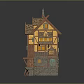 Fairy Tale Cottage With Yellow Walls Wooden Frames Arched Windows Chimney Balcony And Stone Stairs