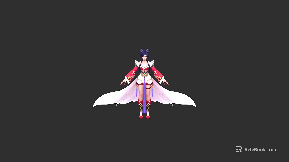 Fantasy Game Character With Fox Ears White Flowing Robe And Red Accents 3d model 