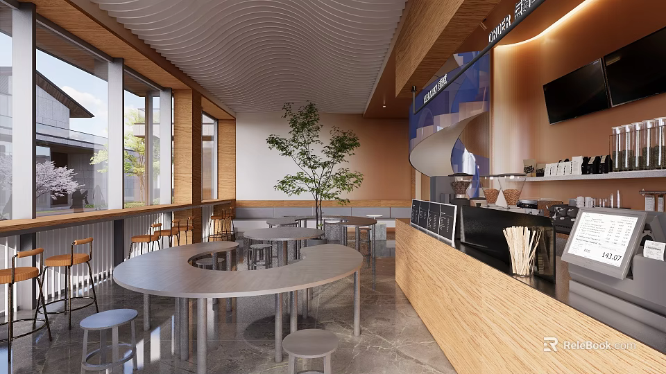 Modern Restaurant Interior Featuring Open Layout Round Tables Wooden Bar Green Plant And Large Windows 3d model 