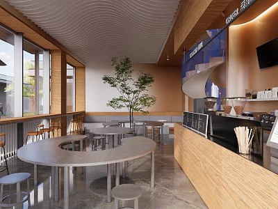 Modern Restaurant Interior Featuring Open Layout Round Tables Wooden Bar Green Plant And Large Windows 3d model