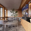 Modern Restaurant Interior Featuring Open Layout Round Tables Wooden Bar Green Plant And Large Windows