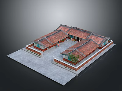 Traditional Chinese Courtyard House With Red Tiled Roofs Brick Walls And Green Plants Structure 3d model