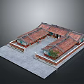 Traditional Chinese Courtyard House With Red Tiled Roofs Brick Walls And Green Plants Structure