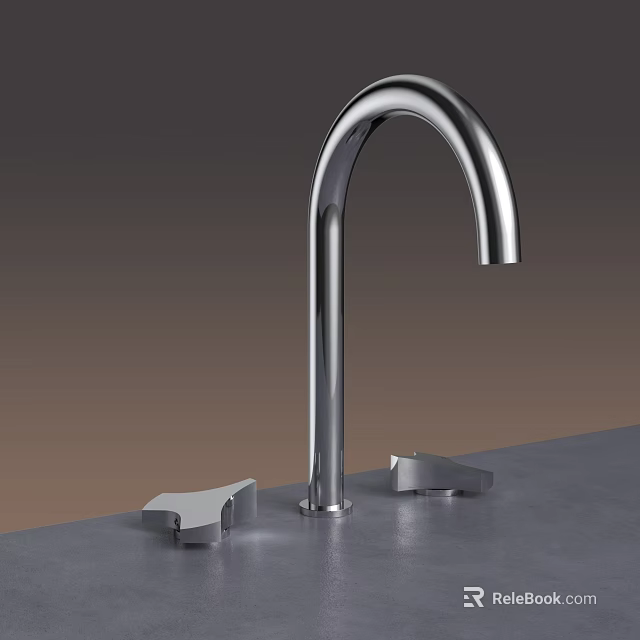 Chrome Plated Faucet With Curved Spout And Dual Control Handles Mounted On Gray Countertop 3d model 