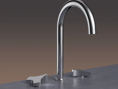 Chrome Plated Faucet With Curved Spout And Dual Control Handles Mounted On Gray Countertop 3d model