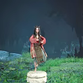 Game Character In Red Outfit Stands On Stone Pedestal With Green Grass Rocks Cave Background