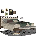 Cozy Double Bed With Decorative Paintings Pillows Nightstands Table Lamps And Bed Bench On Rug