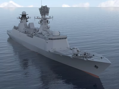 Modern Naval Warship Sailing On Calm Ocean With Radar Systems And Deck Equipment 3d model