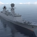 Modern Naval Warship Sailing On Calm Ocean With Radar Systems And Deck Equipment