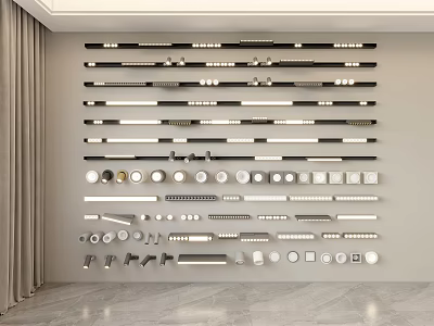 Various Downlights and Spotlights in Different Styles Sizes and Designs Displayed on Wall 3d model