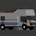 White and Blue RV With Red Kayak on Roof Rack Modern Design Windows